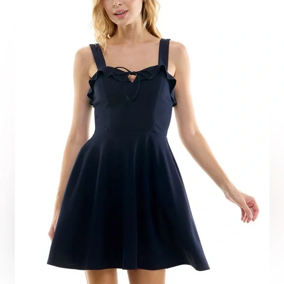 City Studios Juniors' Ruffled Fit & Flare Dress - Navy - Size 0